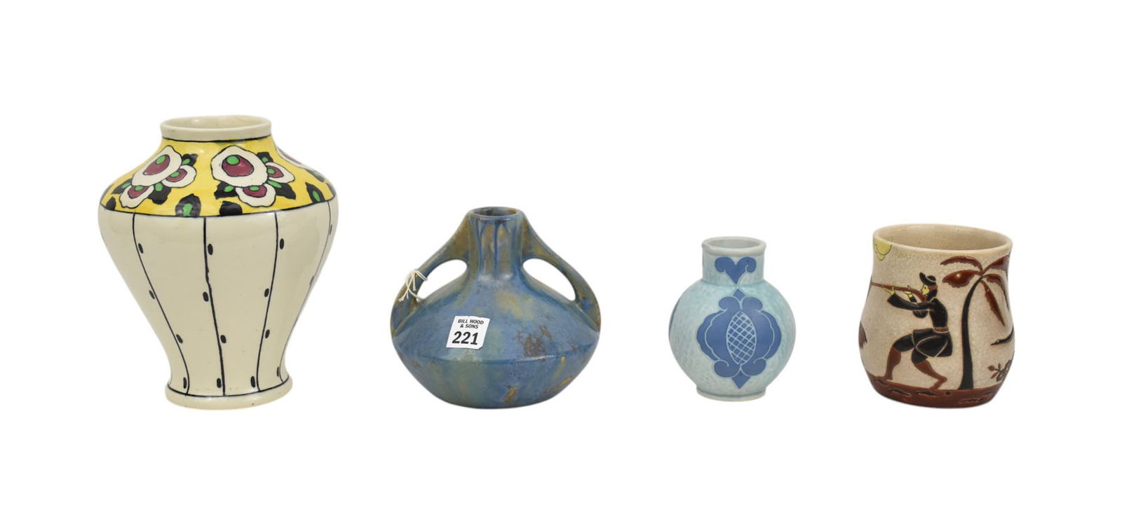 4 Vintage Art Pottery Pcs, Pierre Fronds Vase (6"h x 6"w), Longway Primavere Vase (4 1/2"h x 4"dia),: 4 Vintage Art Pottery Pcs, Pierre Fronds Vase (6"h x 6"w), Longway Primavere Vase (4 1/2"h x 4"dia), Gustavsberg Vase (4 3/4"h x 2"dia) and Boch Freres Deco Vase (9"h x 3"dia)All in good condition.