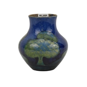 Moorcroft "Moonlit" Pottery Vase, Glazed Green Trees on Blue Ground, 5 1/2"h x 2 1/2"dia (appears