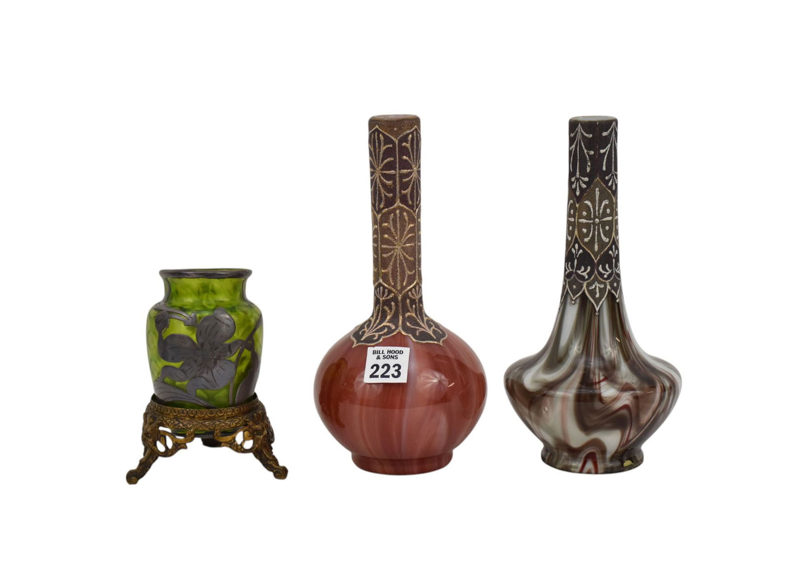 3 Pcs. Vintage Loetz Art Glass, 2 Bottleneck Vases, Circa 1900, Onyx & Carnelian with Enamel (1 of 11)