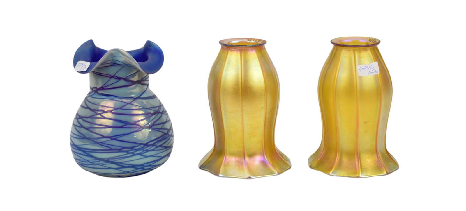Pair Vintage Quezal Art Glass Shades, Gold Aurene (6"h x 4 1/2"dia) AND Pallme Konig Cobalt Vase: Pair Vintage Quezal Art Glass Shades, Gold Aurene (6"h x 4 1/2"dia) AND Pallme Konig Cobalt Vase with Threading, Circa 1900 (6"h x 4"dia)