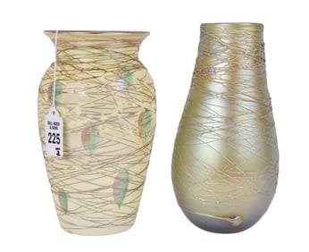 Two Durand Art Glass Threaded Vases - Two art glass vases with iridescence and threading motifs.