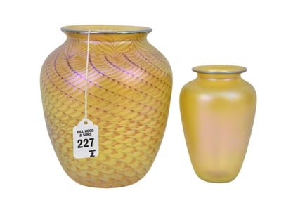 Two Orient & Flume Iridescent Art Glass Vases - Two art glass vases by Orient & Flume, both in gold