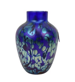 Signed Blue Iridescent Art Glass Vase - An art glass vase, iridescent cobalt blue ground with light