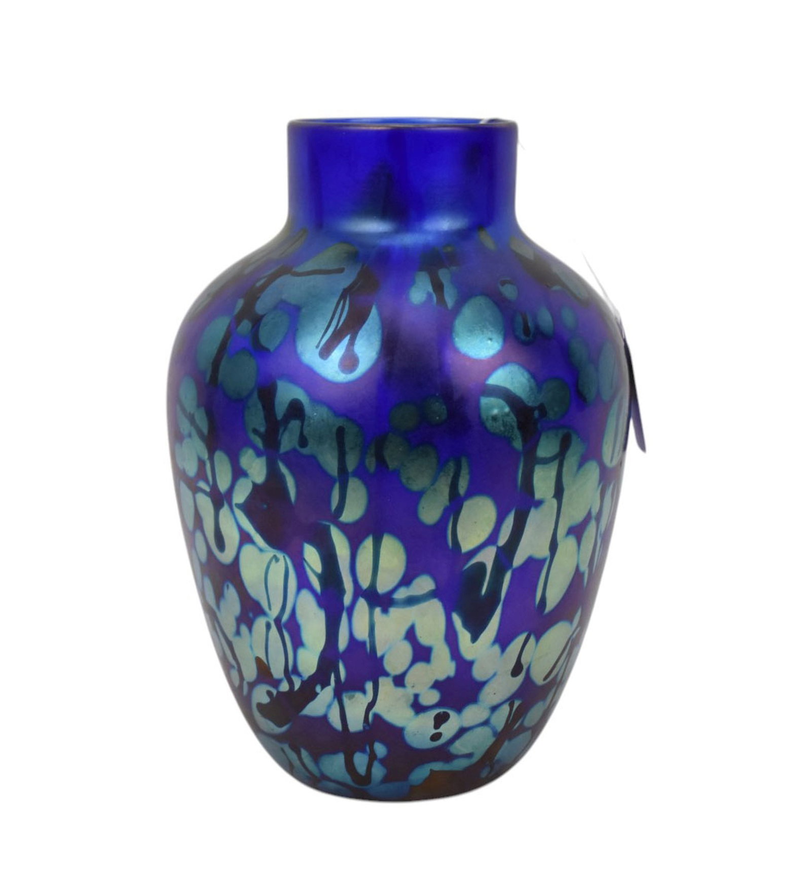 Signed Blue Iridescent Art Glass Vase - An art glass vase, iridescent cobalt blue ground with light: Signed Blue Iridescent Art Glass Vase - An art glass vase, iridescent cobalt blue ground with light blue spots and splatter. Signed illegibly on underside of base. 8 1/2" h.