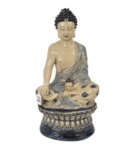 Blue Underglaze Porcelain Figure of The Buddha - A porcelain figure of the Buddha in seated pose and