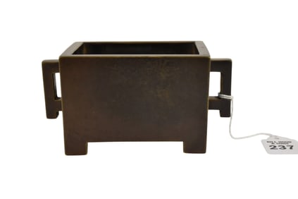 Chinese Bronze Rectangular Censer, Xuande Mark - A patinated bronze censer of rectangular form, with