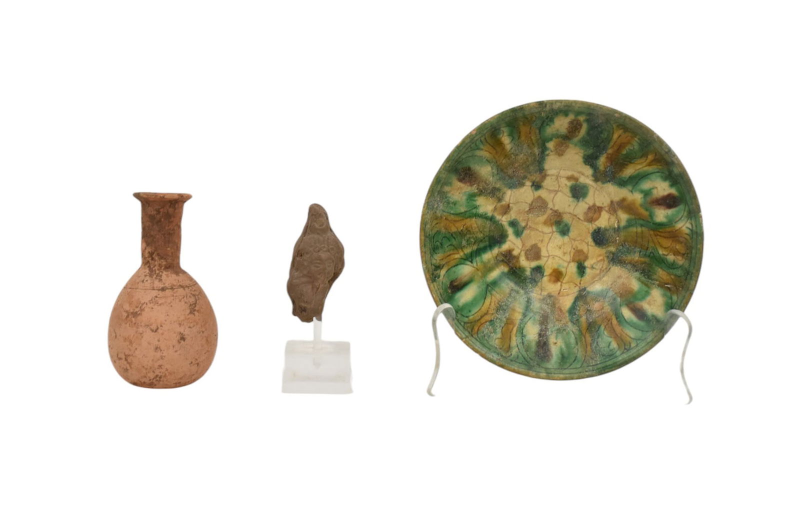 Ancient Nishapur Polychrome Glazed Bowl & Terracotta Artifacts - A grouping of three ancient pottery (1 of 9)