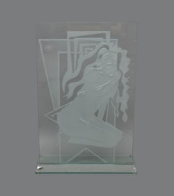 Large Deco Style Signed Etched Glass. 29" x 8" x 20"