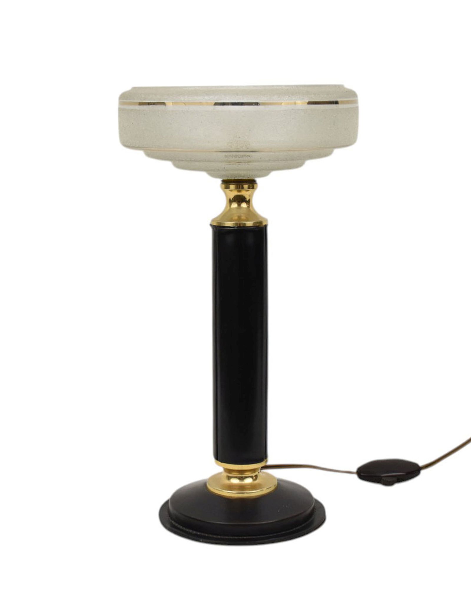 French Deco Desk Lamp, Art Deco, Leather & Brass with Textured Glass Shade,  14"h x 7 1/2"w (1 of 5)