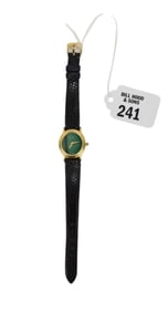 Ladies 18K Cartier Malachite Gemstone Dial Quartz Watch. Leather band 7" case 23 mm working