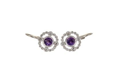 18k White Gold Amethyst diamond Earrings. 3/4" wt. 4.1 grams