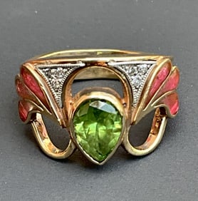 Russian 14 gold GIA 1.34 carat Demantoid Garnet , diamond enamel ring size