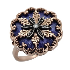 Vintage Russian Rose Gold Diamond Enamel Engagement Ring. Total weight: 7.3 grams. Enamel decorated