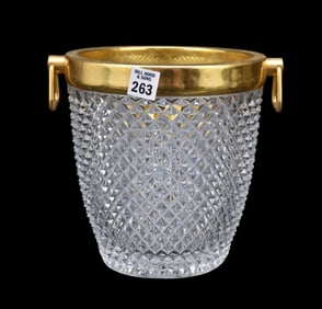 Diamond Design Cut Glass Ice Bucket with Brass Hardware, 8"h x 7 5/8"w
