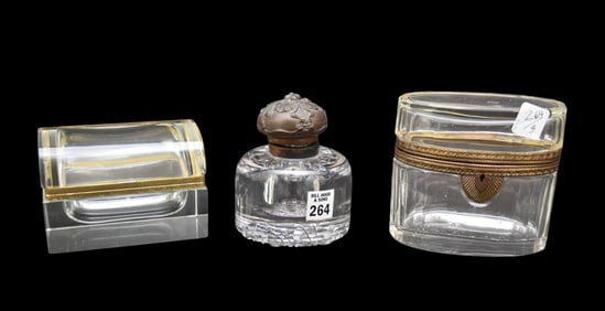 3 Antique Glass Pieces, 2 Jewelry Caskets with Brass Fittings and 1 Inkwell with Hinged Art Nouveau