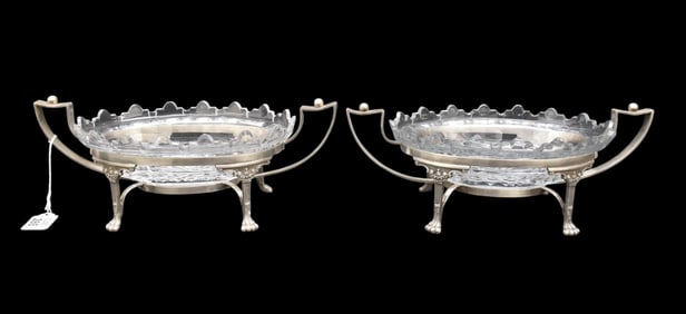 Pair Continental Compotes With Fitted Glass in Sterling Footed Classical Frames, 5"h x 12"w