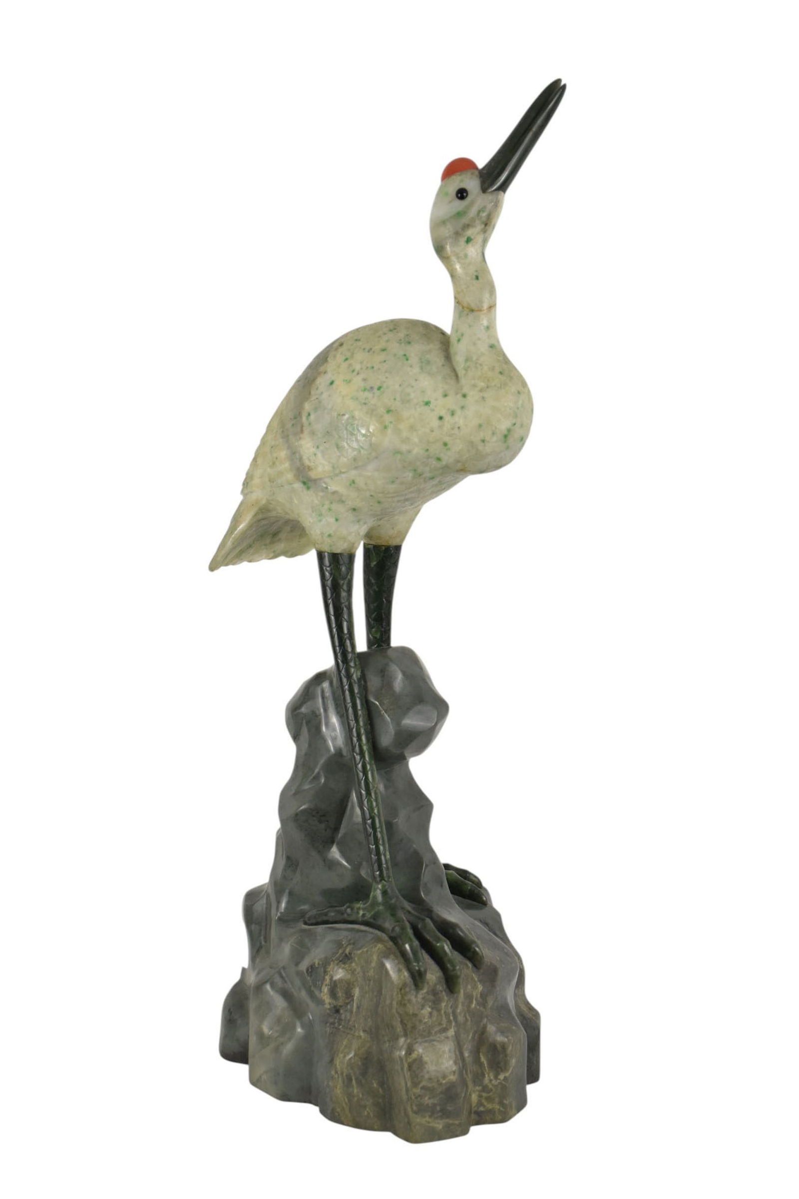 Carved Jade Heron on Rocks, 22"h x 8"w x 8'd: Carved Jade Heron on Rocks, 22"h x 8"w x 8'd