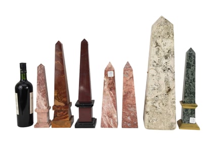 7 Assorted Polished Hardstone Obelisks, Coquina rock is the tallest at 20"h, smallest 5"h