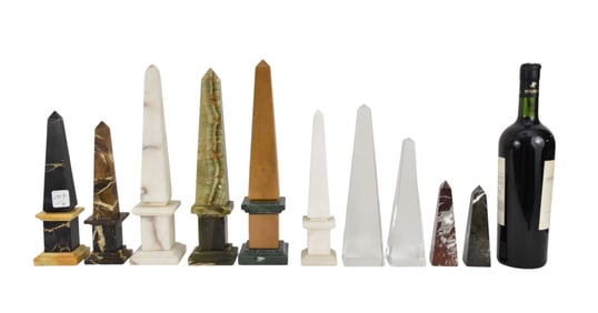 10 Assorted Hardstone Obelisks, Tallest 12"h, Smallest 5"h