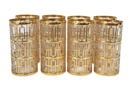 8 Vintage Imperial Sojo Trellis Gilt Highball Glasses, 5 3/4"h