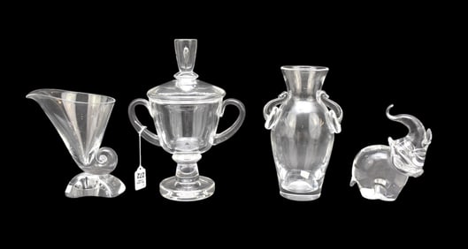 4 Steuben Tableware's, Covered Compote On Pedestal, 11"h x 9"w Vase Double Ring Handles, 9"h x 6"w,