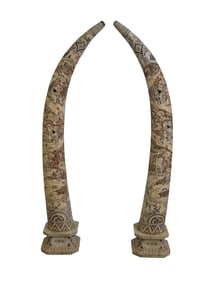 Pair of Chinese tessellated Bone Carved Tusks. Length 66 inches each. Height 60 inches Tall.
