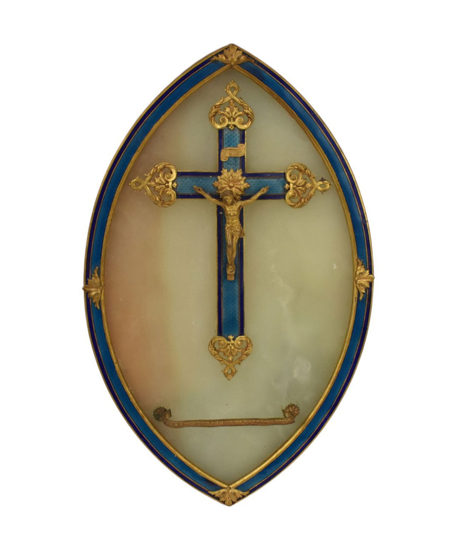 Antique French Onyx, Ormolu & Enamel Crucifix Font - C. 19th/20th century. France. An onyx plaque (1 of 5)
