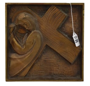 Bronze Stations of the Cross Plaque - A square bronze relief plaque depicting Christ carrying the