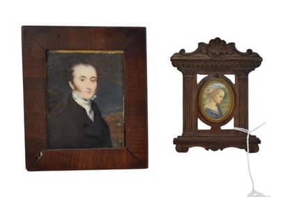 Two Continental Antique Framed Portrait Miniatures - C. 19th century. Two hand-painted miniature