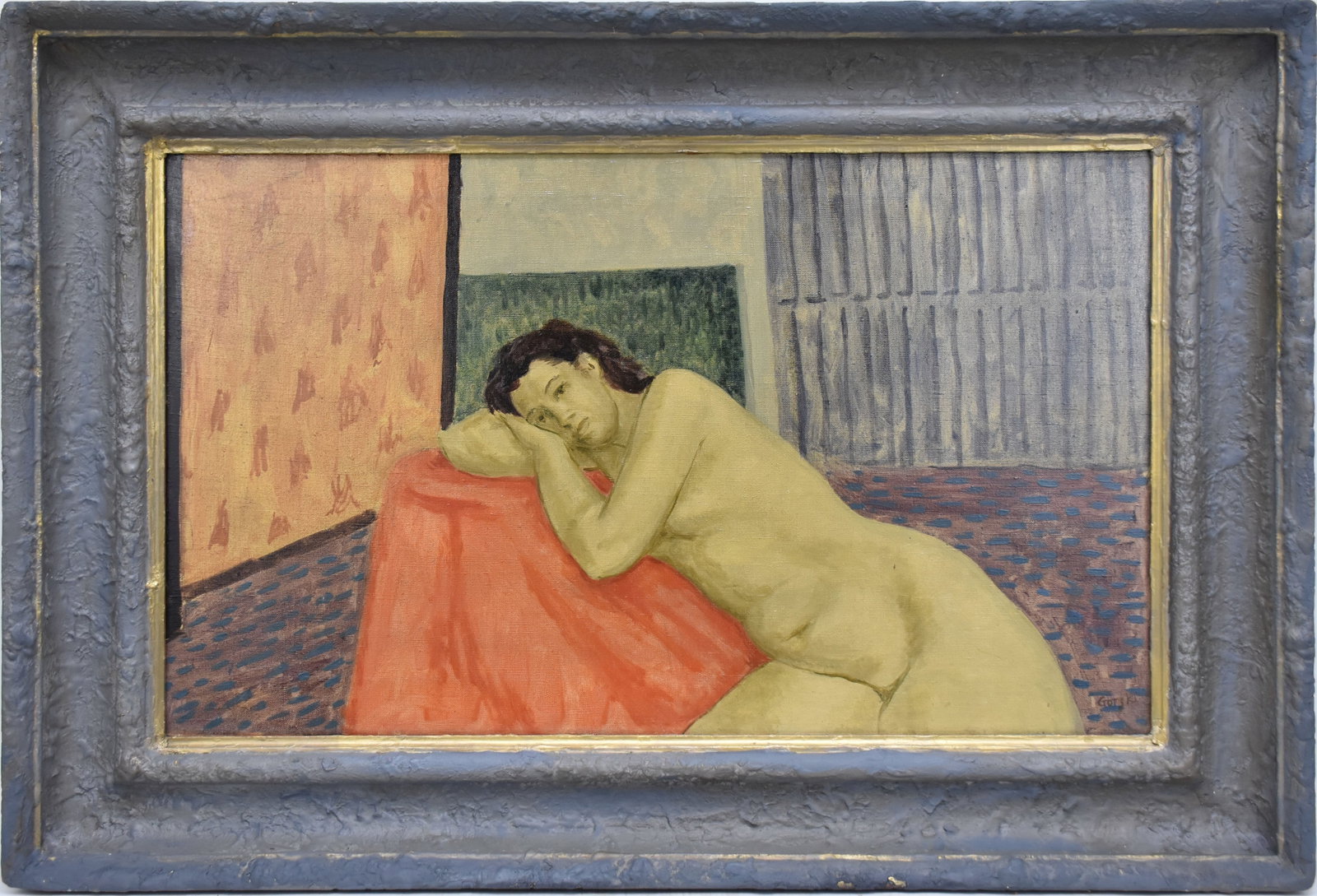 Napoleon Gorsky, oil on canvas, Nude, National Academy of Design Exhibition Label on reverse, dtd.: Napoleon Gorsky, oil on canvas, Nude, National Academy of Design Exhibition Label on reverse, dtd. 1958, canvas size 18 x 30”, overall frame size 25 1/2 x 37 1/2”
