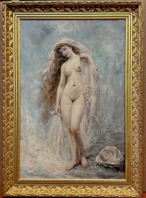 Russian painting attributed to: Konstantin Makovsky, oil on canvas, standing nude, canvas size 32 x