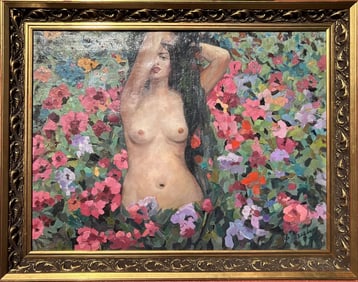 Russian painting Att to Filip MALJAVIN , Lg. Nude in flowers, oil on canvas, 29-1/2 x 39-1/2