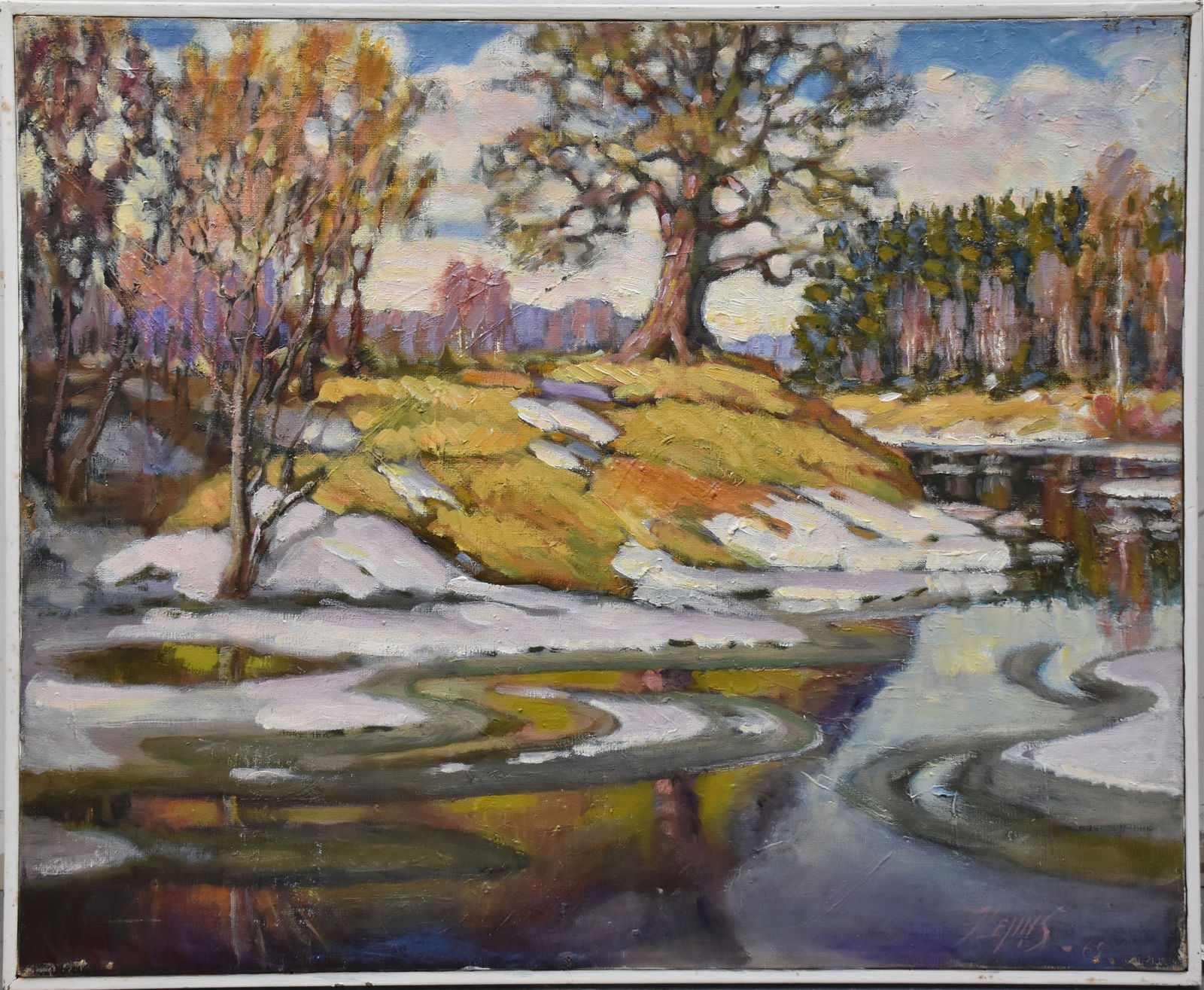 Painting, melting snow winter river scene  signed F.Lewis ? '69. oil on canvas, (1 of 5)