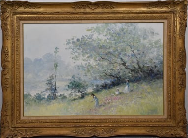 Decorative oil on canvas painting, MRICZ signed illegibly? Style of Andre Gisson. 24 x 36 inches.