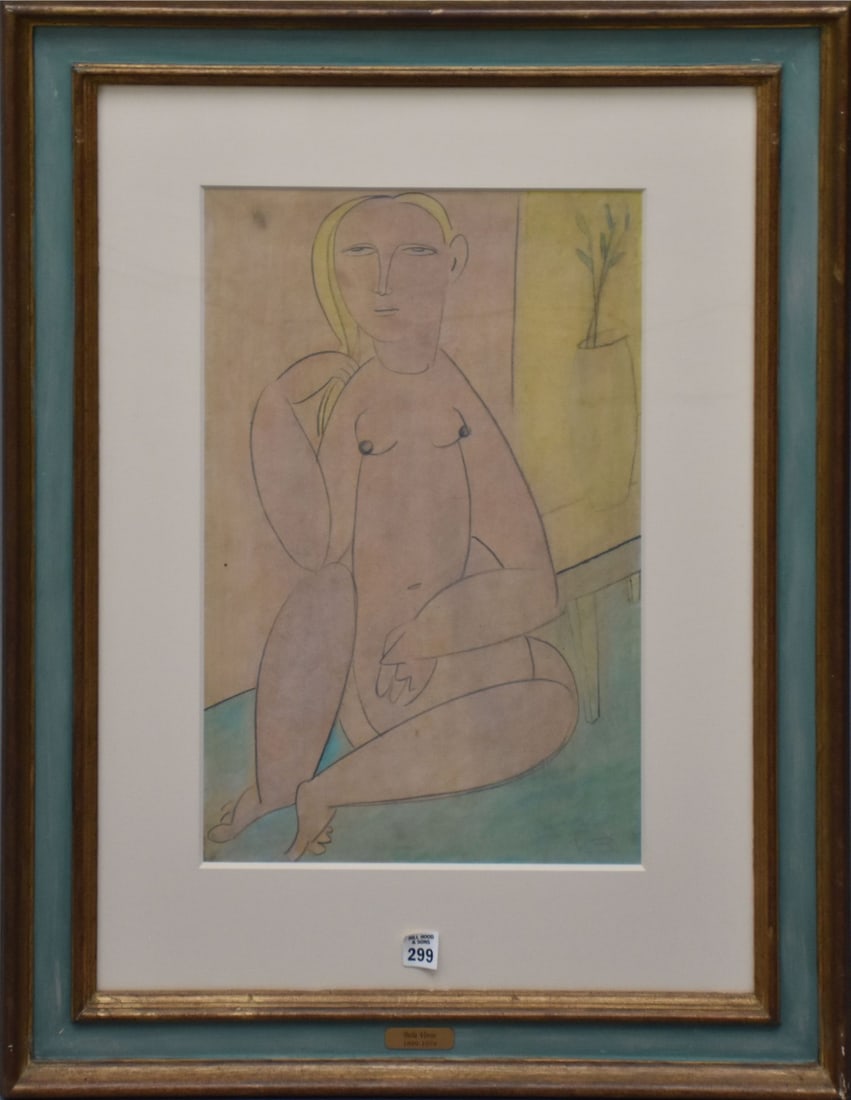 BELA VOROS (Hungary b. 1899-1979) 20th Century, Untitled - Mixed media on paper, including pencil,: BELA VOROS (Hungary b. 1899-1979) 20th Century, Untitled - Mixed media on paper, including pencil, gouache, and lacquer. Depicts a seated female nude with yellow hair against a cream and yellow wall. 