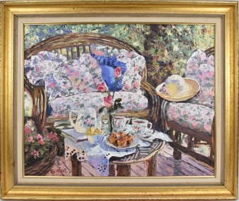 Henry Gordon Wang (China b. 1959) oil on canvas painting, tea time. 24 x 30 inches.