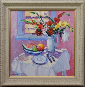 Vincent Farrell (1928 - 2008 Laguna Beach) oil on canvas, 30 x 30 inches, Still Life-Flowers and