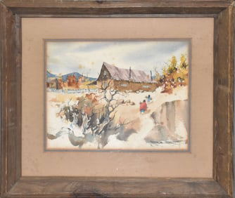 Joe Toledo (American/Colorado, 20th C.) watercolor depicting women gathering wood headed back to the