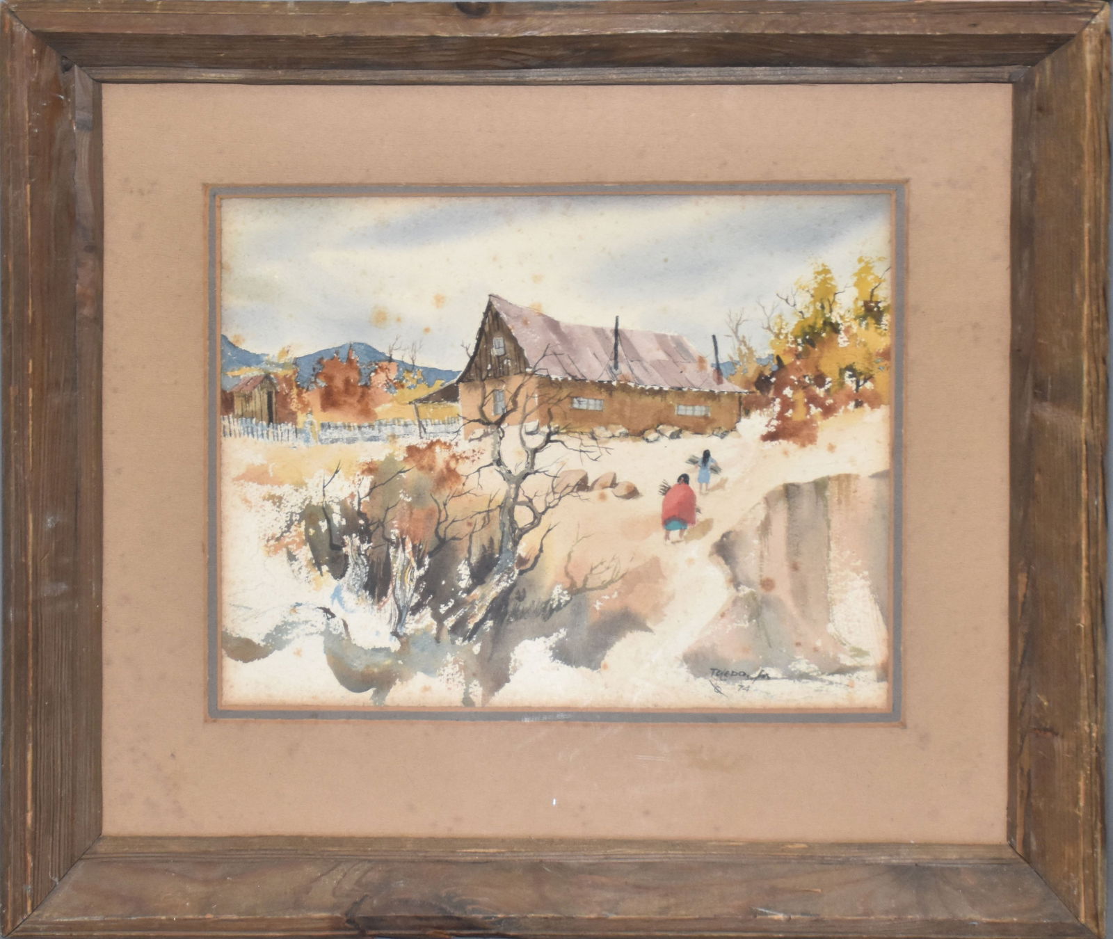 Joe Toledo (American/Colorado, 20th C.) watercolor depicting women gathering wood headed back to the (1 of 6)