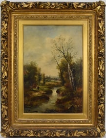 19th Century, Oil on panel River Landscape with figures, 18 1/4 x 12 1/2“ overall frame size 27