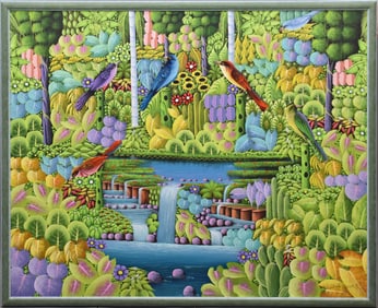 Lily Hanson- Haitian fantasy painting, oil on canvas, birds and forest Scene. 38 x 47 inches