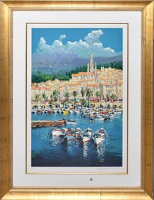 Kerry Hallam (British, born 1937) Serigraph in colors, Mediterranean Harbor, Pencil signed and