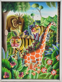 Jerome Polycarpe (Haitian 20th C.) Oil on Canvas "Jungle Animals". Signed J. Polycarpe-87. canvas