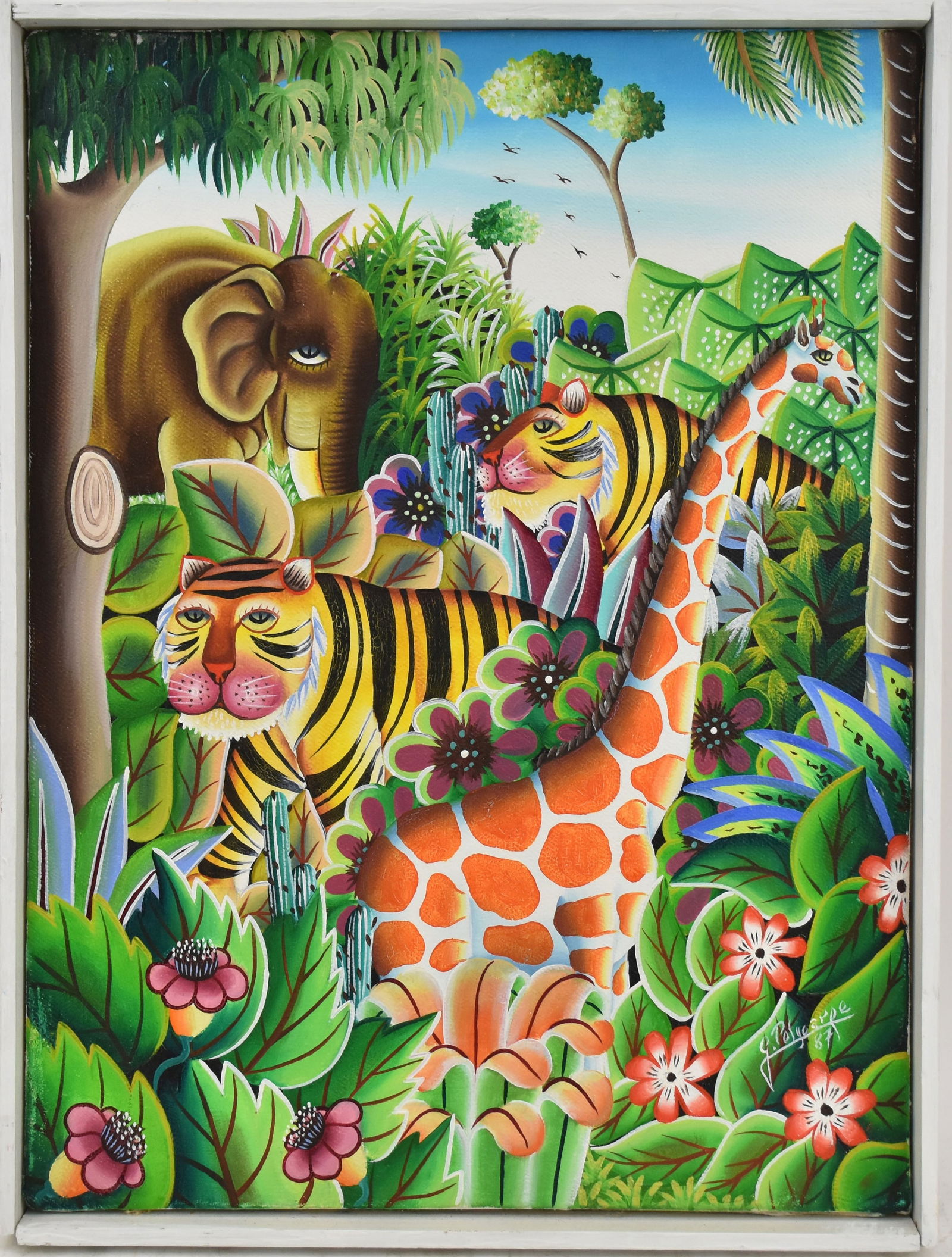 Jerome Polycarpe (Haitian 20th C.) Oil on Canvas "Jungle Animals". Signed J. Polycarpe-87.  canvas (1 of 6)