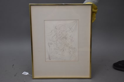 Salvador Dali Etching, Autumn-1970. Depicting Bacchus and two cherubs with sunlight rays emanating