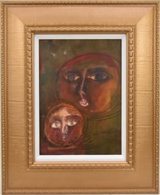 Egyptian Family in Abstract, Oil on Board, label on reverse GEORGE EL- BAHGOURY, 13 x 9- 1/2 inches