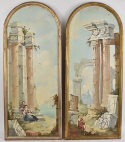 Pair of Antique Italian grand tour Panels of Ruins, 33 x 14 inches.