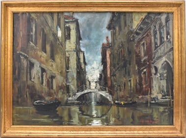 Venice Bridge oil on canvas by Gabbati?? canvas 20 x 27 1/2 inches, overall frame size 23 x 31