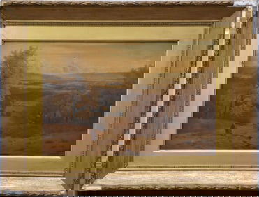 Henry Cheadle (1852-1910) oil on canvas Landscape with Villagers, painting 14 x 21 inches, overall