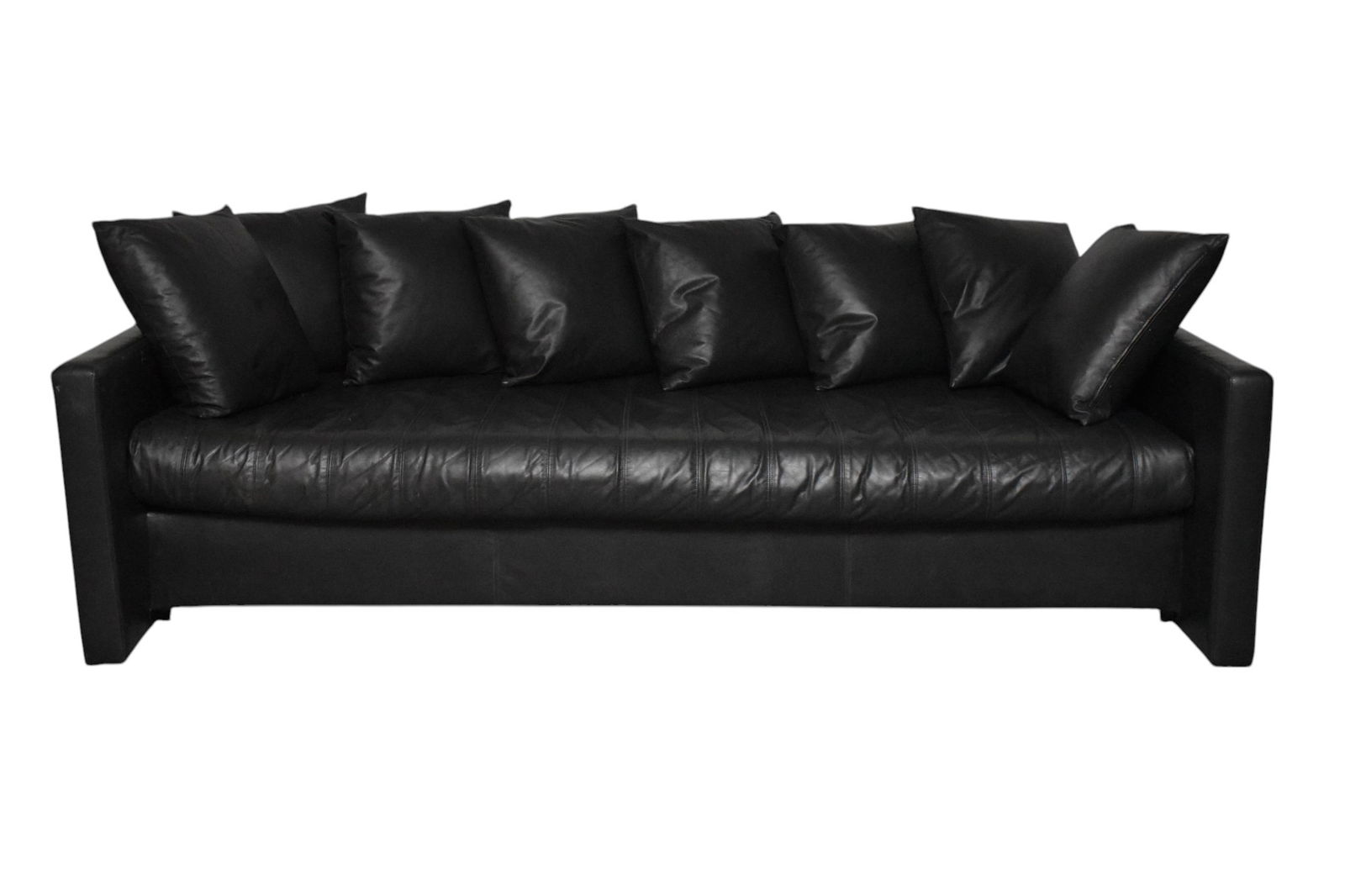 Joseph D'Urso Leather Sofa, Knoll c. 1980 - Black leather 'Linear' sofa with 8 leather pillows. 25" (1 of 11)